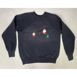 VINTAGE Goose Bird Ski Lift Crewneck Sweatshirt Women Adult Medium Black USA 80s